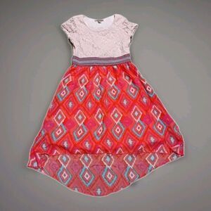 Speechless Girls Size 12 Coral Pink Argyle Lace Dress Hi-Low Design Print Summer